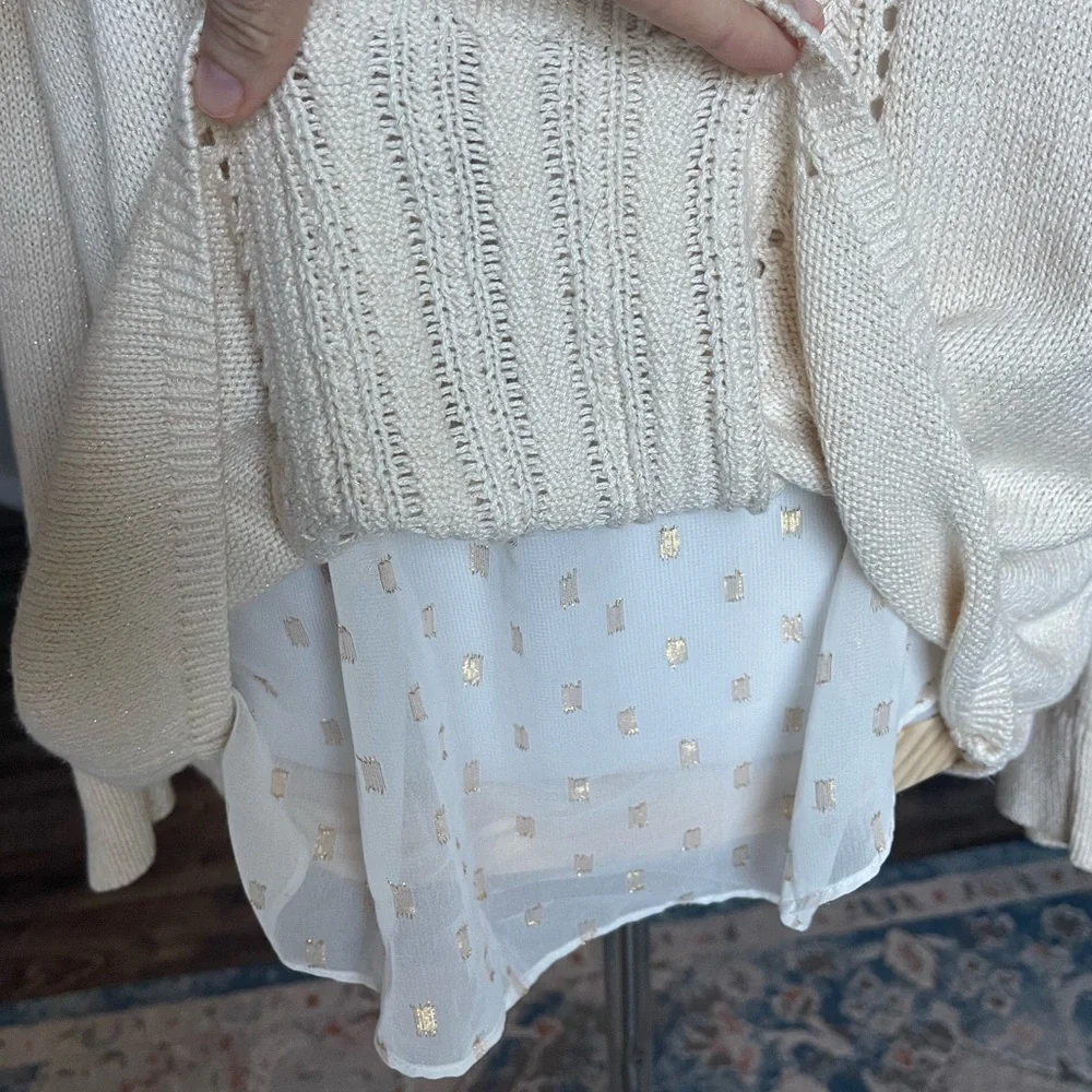 Lucky Brand cream gold shimmer layered sweater split back - Picture 7 of 10